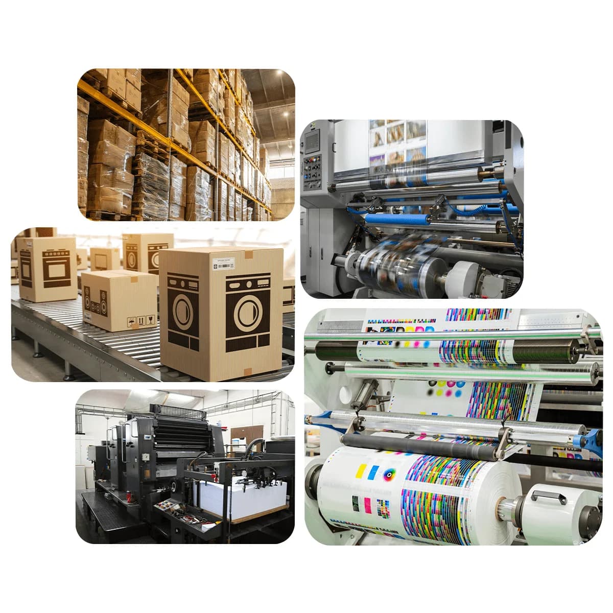 Packaging lines, warehouses and printing machinery exhibition collage
